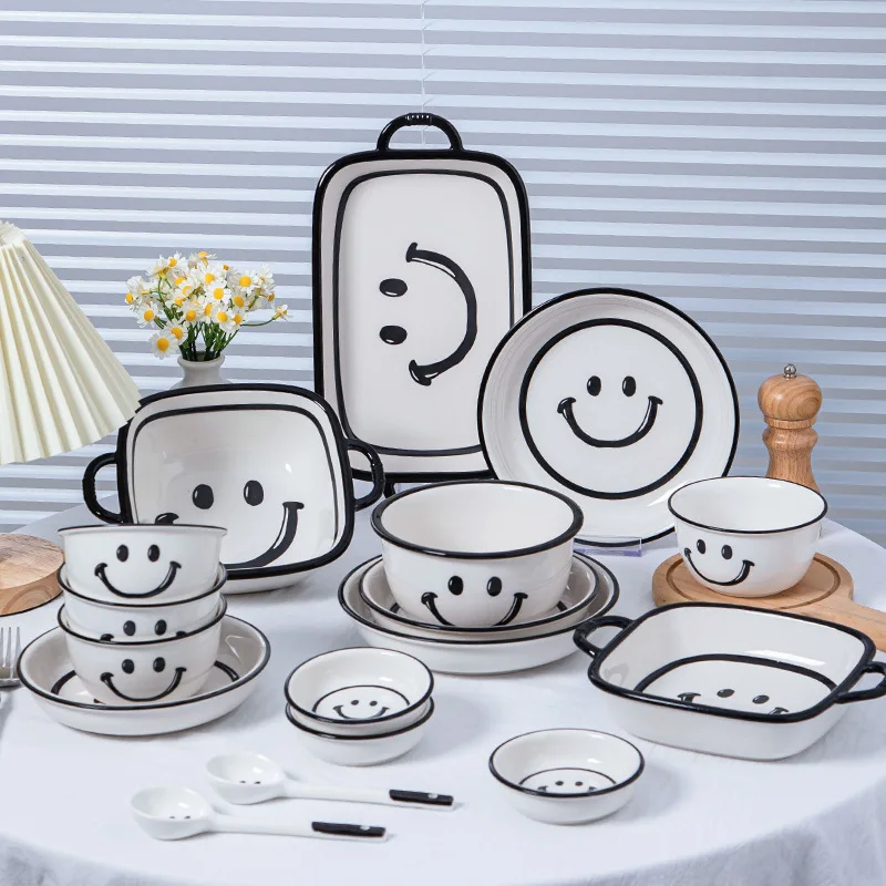 1Set Smile Ceramic Tableware Set Bowl Spoon Dish Set Porcelain Breakfast Dessert Plates Dishes Noodle Bowl Coffee Cup Home Decor view 3