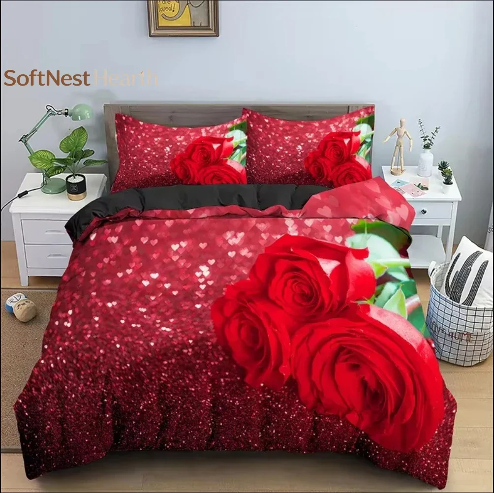 2026 Floral Red Rose Romantic Flowers Valentine's Day Bedding Set Boys Girls Twin Queen Size Duvet Cover Pillowcase Bed Kids Adu