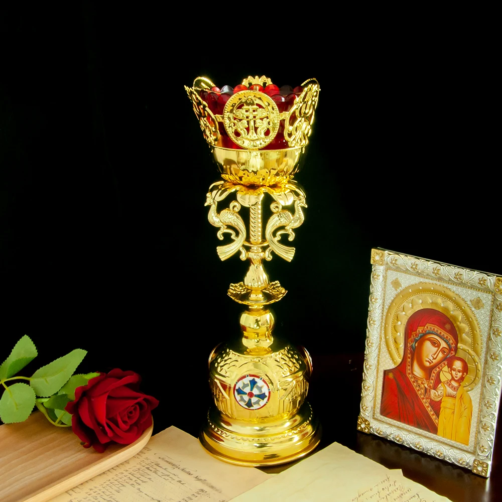 Eastern Orthodox Church gold-plated metal candle holder ornament, home candle base decoration with glass cup and wick holder