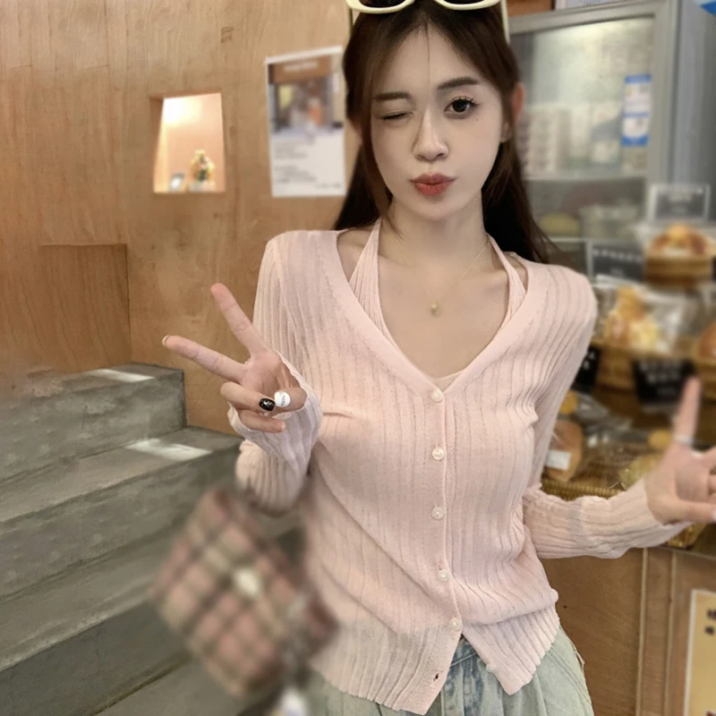 Women\'s Knitted Sunscreen Top Casual Fashion Fake Two Pieces Spring Autumn Long Sleeves Solid Color Halter Blouse Korean Version