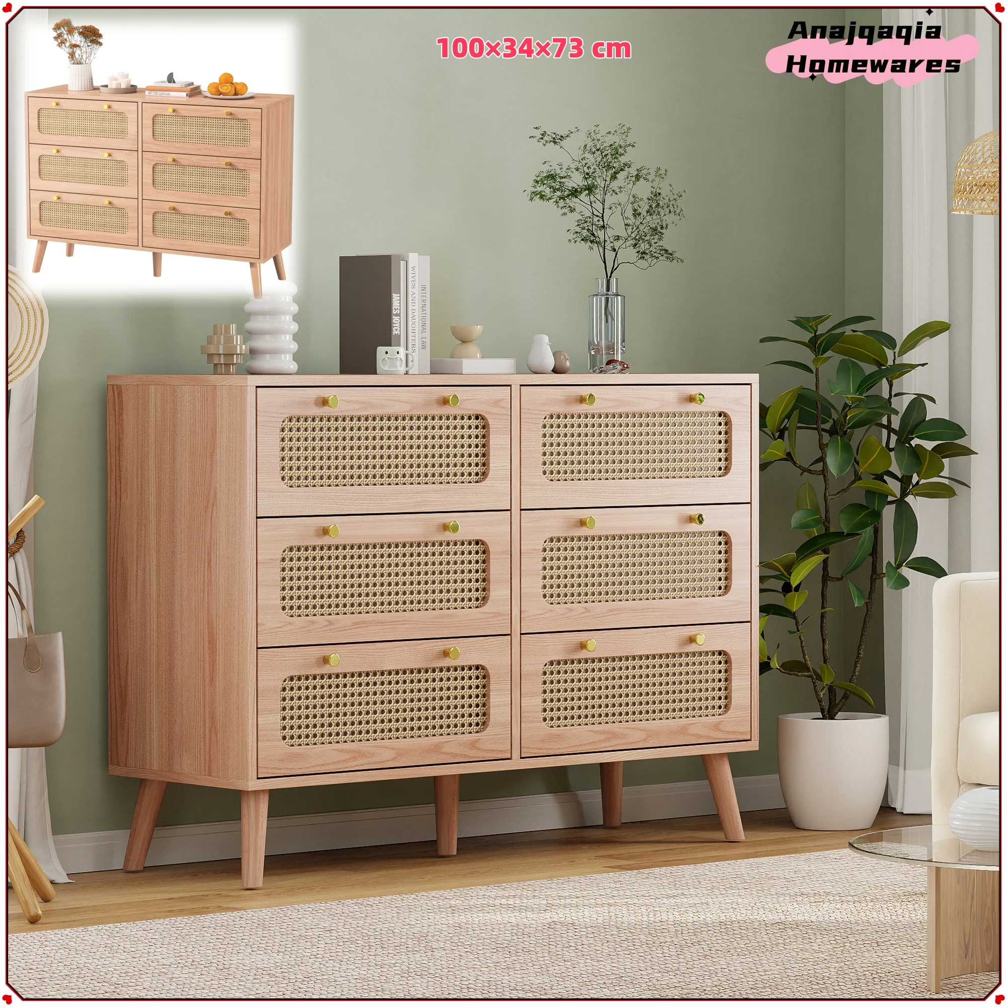 Anajqaqia Cassettiera a 6 cassetti in rattan, mobile portaoggetti in legno con maniglia, adatto per soggiorno, camera da letto, colore legno, 100×34×73 cm