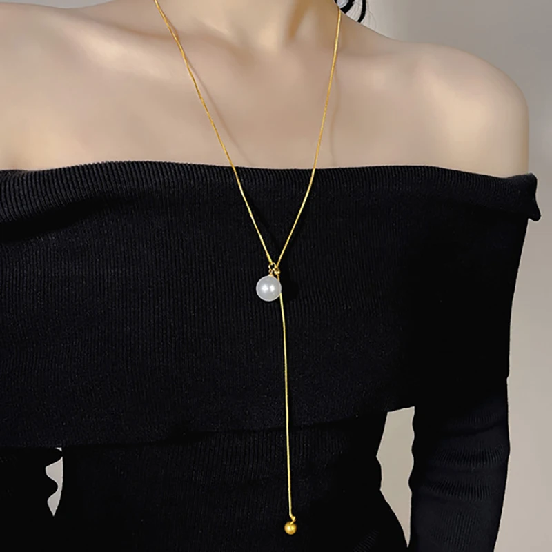 ANENJERY 316L Stainless Steel Knot Lucky Beads Imitation Pearl Necklace for Women Long chain Temperament Jewelry Gifts Wholesale