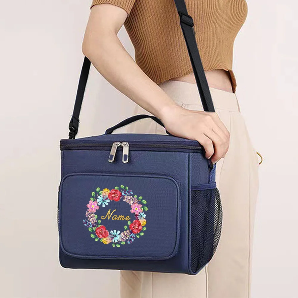 Customizable Name Blue Lunch Bag Insulated Handbag Multi Functional Waterproof Picnic Lunch Box Suitable for Picnic Camping