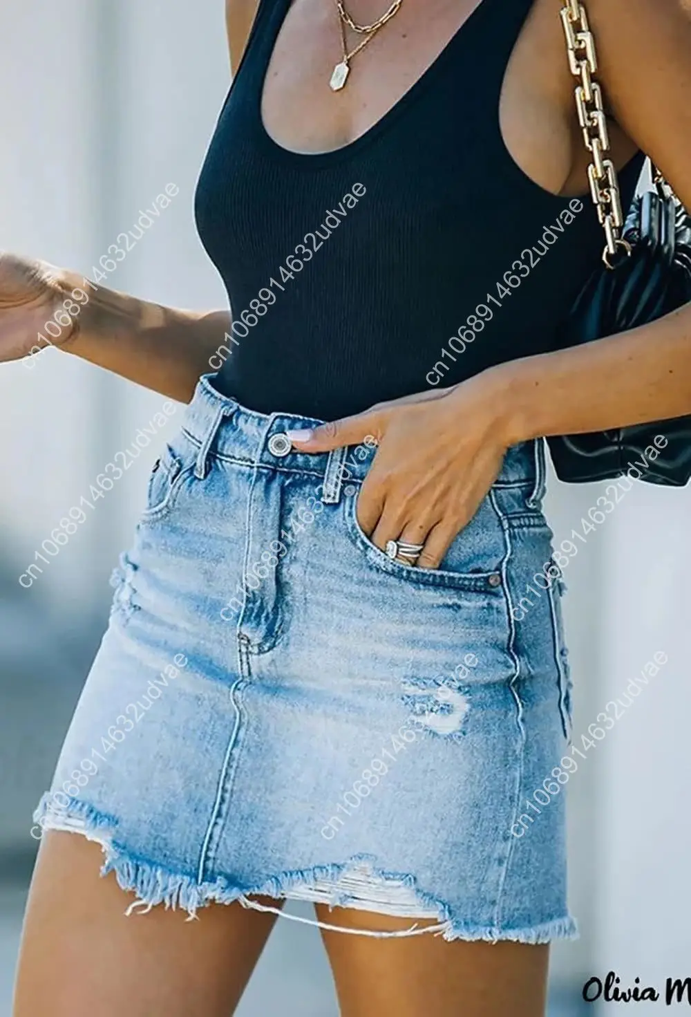 Sexy Damen-Jeansröcke mit mittlerer Taille und Reißverschluss, ausgefranstem, rohem Saum, zerrissen