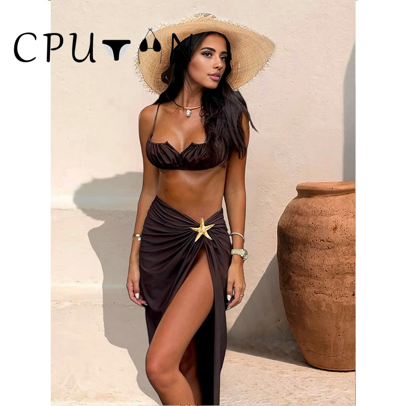 

Sexy Solid 3 Piece Bikinis Set Women Swimsuit 2025 New Swimwear V Neck Bathing Suit Brown Brazilian Beachwear Biquini Female