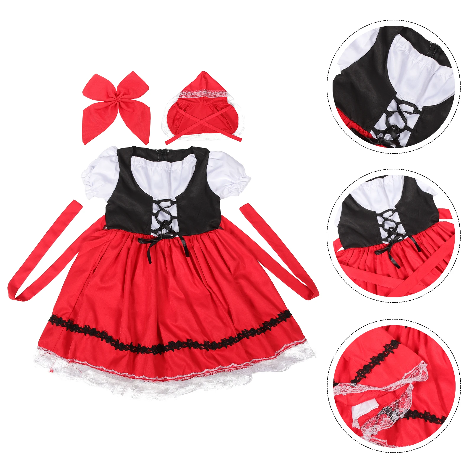 

1 Set Girls Costume Set Halloween Cosplay Outfit With Cape Bowtie Little Red Hood Dress For Christmas Party Role