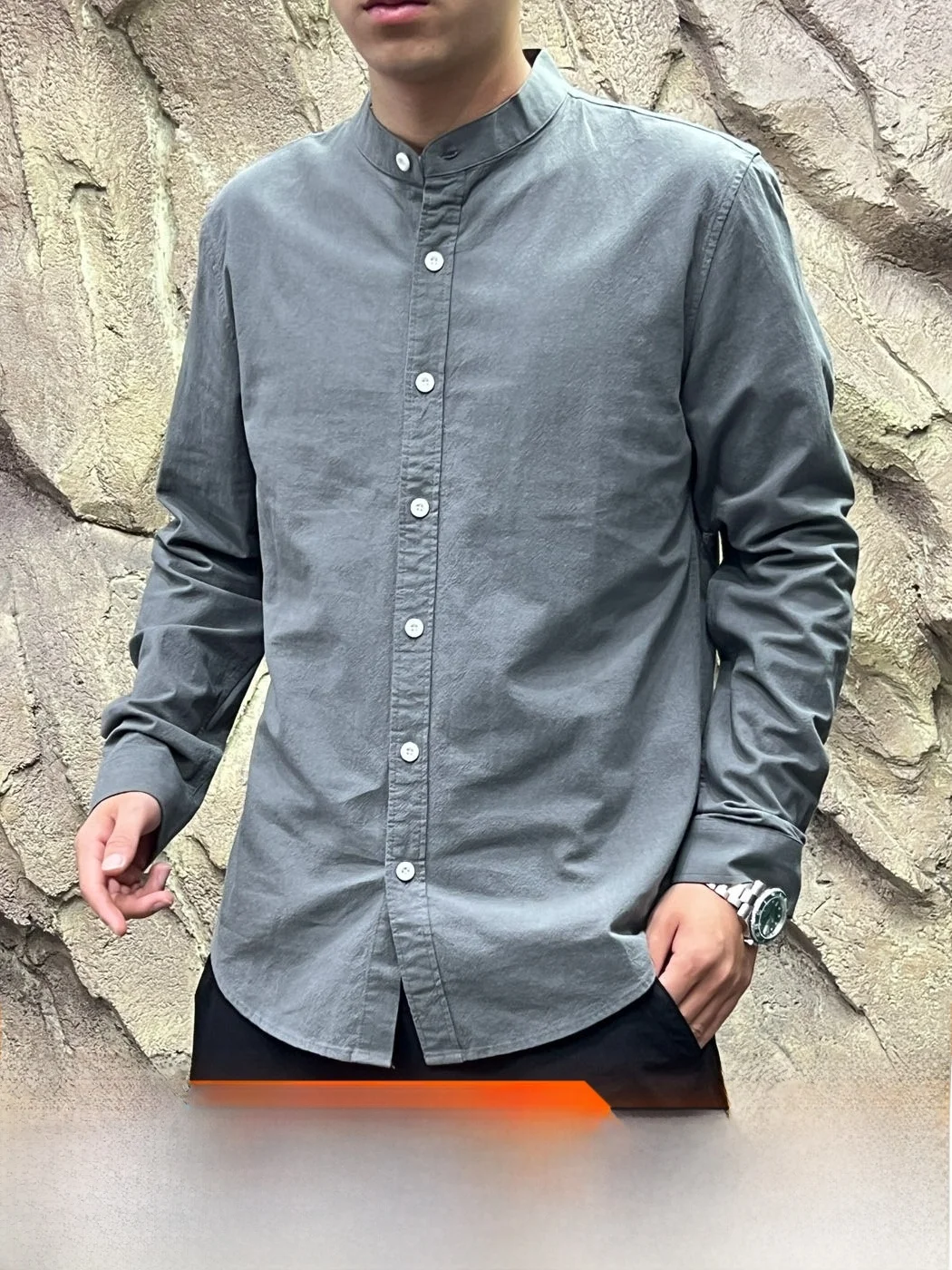 Washed Cotton Shirt for Men Skin-friendly Breathable Small Stand Collar Commute Casual Style Long Sleeve Pure Color
