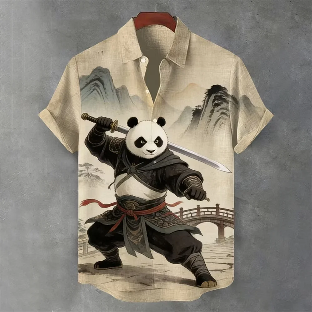 Retro Panda Warrior Pattern Men's Short sleeved Shirt Chinese Ink Landscape Collar Button Summer Beach Casual Loose Top