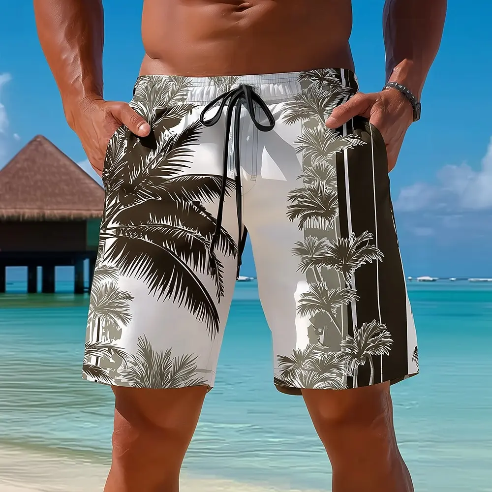 

Men's Coconut Plant Casual Shorts Mid Waist Hawaiian Vibe Drawstring Waist Side Pockets Holiday Wear for Spring & Summer