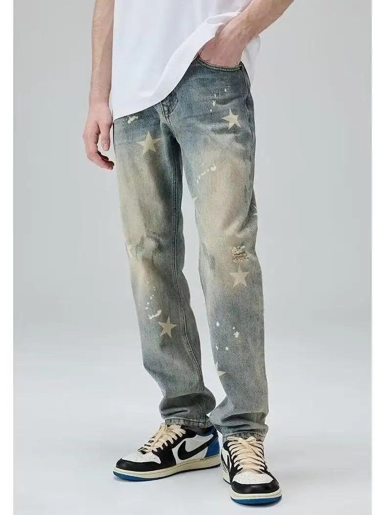 Jeans Retro com Estampa de Estrela, Estilo Americano, Calças Soltas e Retas para Homens e Mulheres, Tendência Casual de Outon...