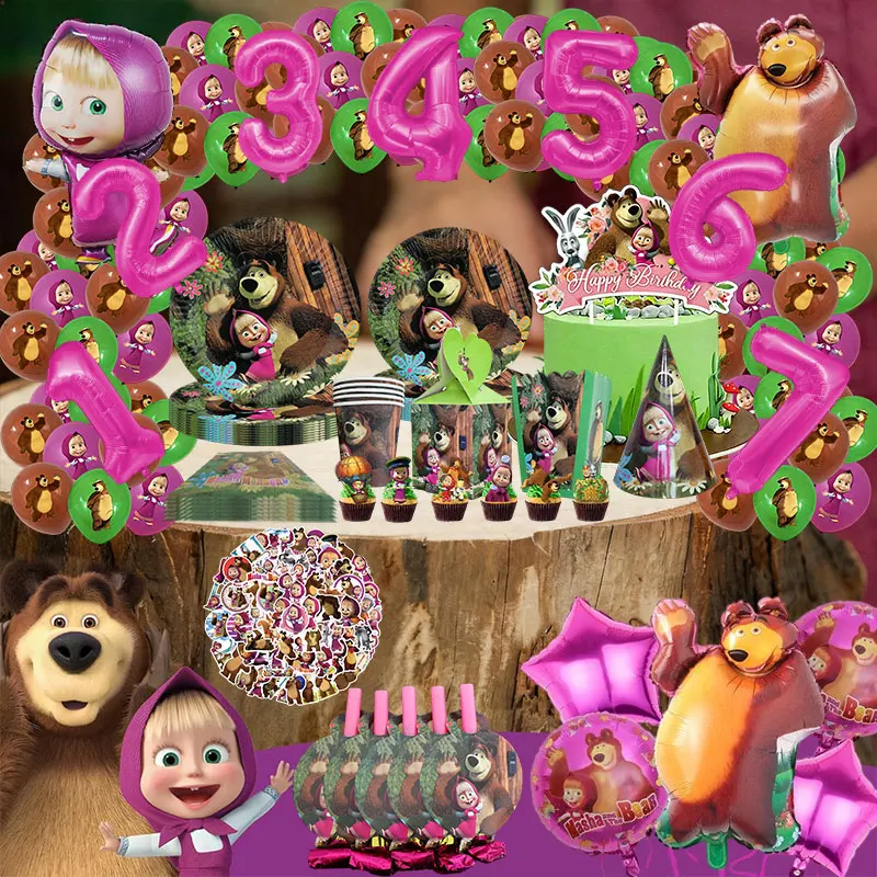 Decoración para Fiesta de Cumpleaños de Masha y el Oso, Juego de Vajilla con Temática de Masha para Niñas, Globos, Platos, Vasos, Artículos para Fiestas Infantiles y Baby Shower