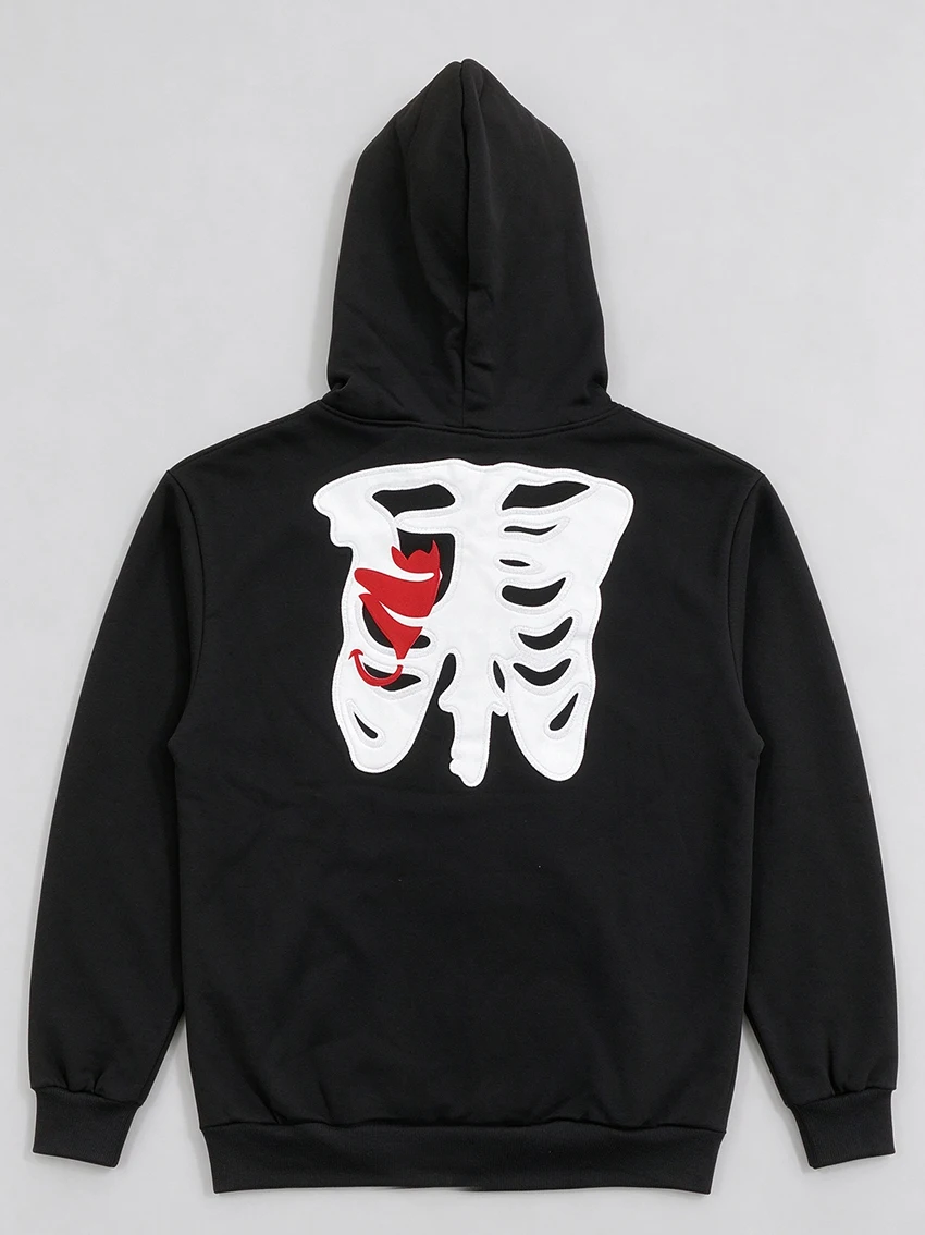 Women Dark Aesthetics Oversized Hooded Jacket Fashionable Skeleton Bone Devil Heart Print Full Zip Long Sleeve Street Sweatshirt