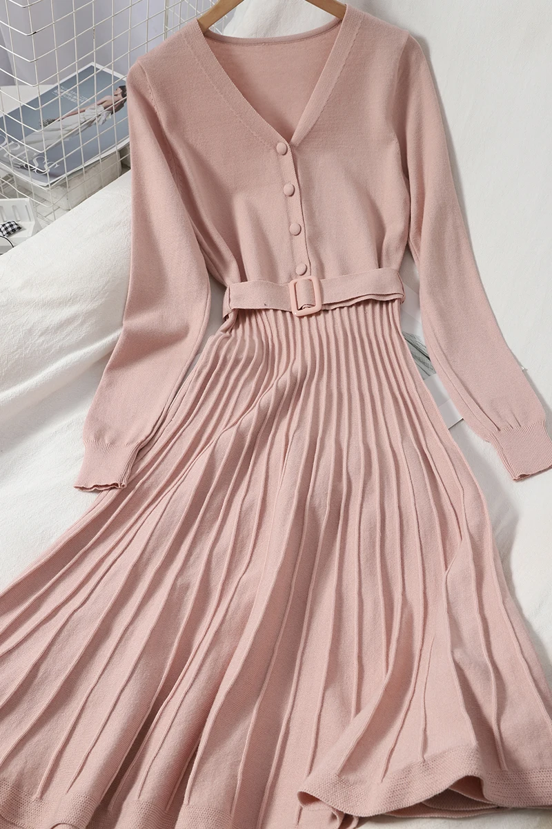 2025 新しいニット女性ボディコンパーティードレス長袖プリーツ固体ストレッチドレスオフィスレディスリム A ライン Vestido ベルト