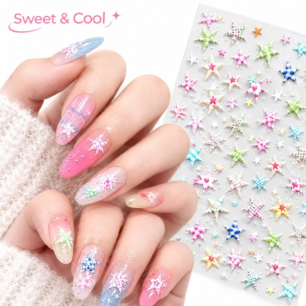Star Nail Stickers 1Sheet 5D Embossed Plaid Pentagram Decals Sweet Cool Style For Home DIY Press‑On Nails Manicure Art Supplies