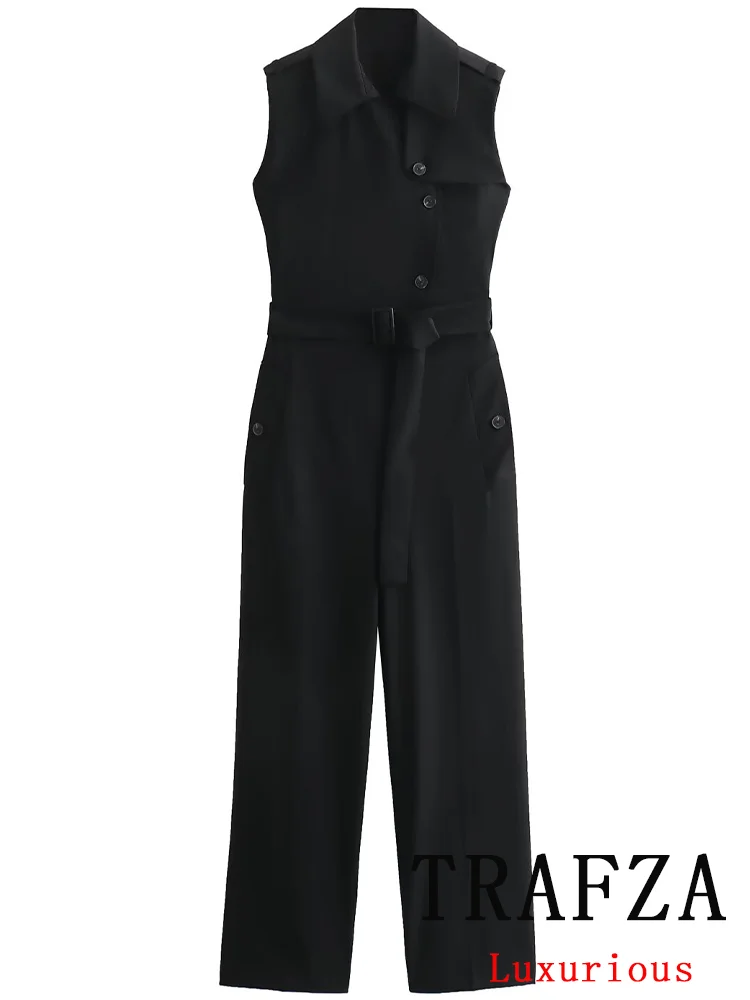 

TRAFZA Vintage Casual Women Jumpsuits Solid Turn-down Collar Sleeveless Belt Wide Leg Bodysuits New Fashion 2024 Spring Summer