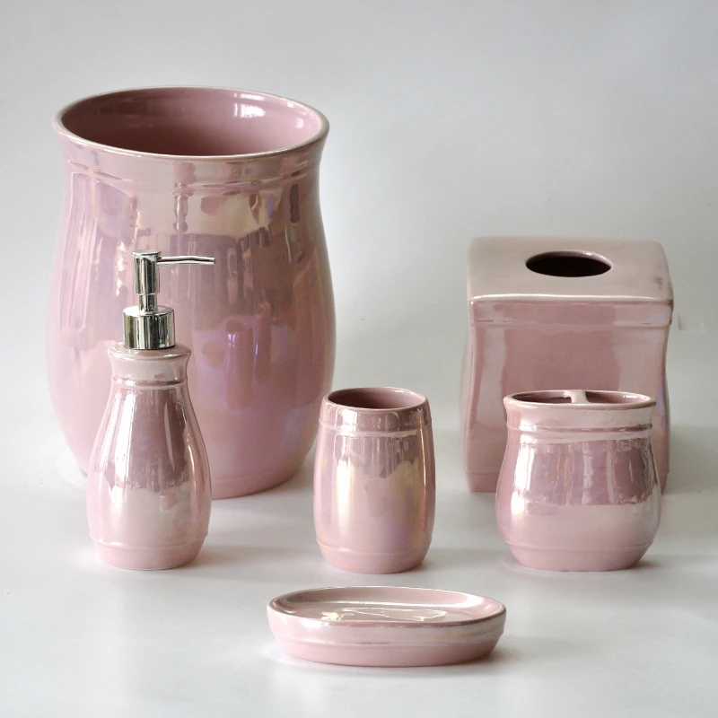 

bathroom products 6 Pieces pink pearl glaze ceramic bathroom set accessories soap dispensers