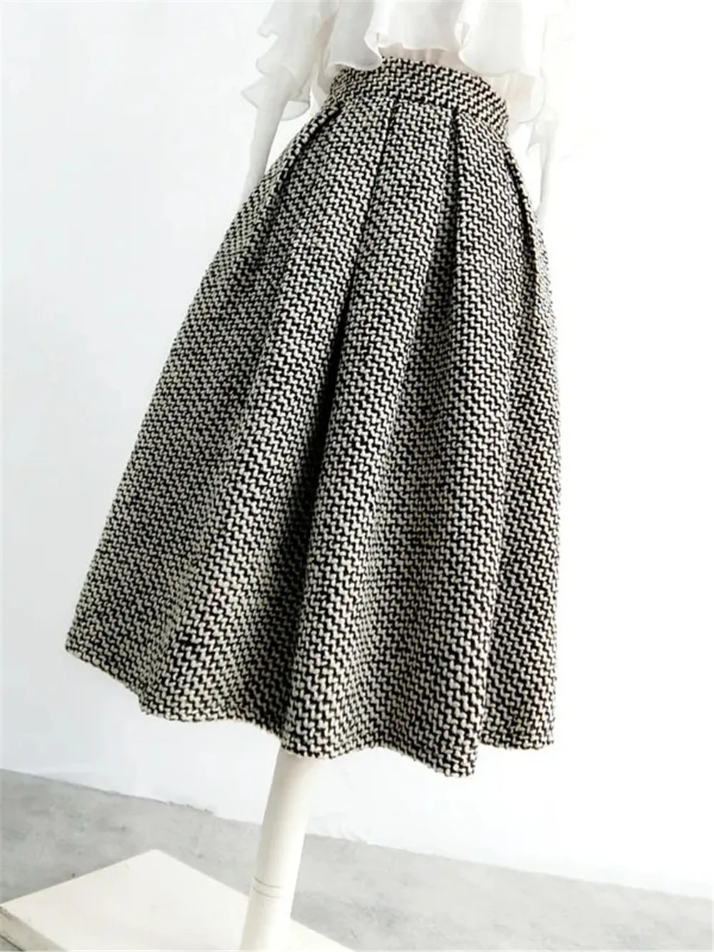 Fashion Houndstooth Woven Tweed Skirt With Pocket Winter Women Korean Vintage Thickened High Waist Pleated A-Line Skirts Faldas