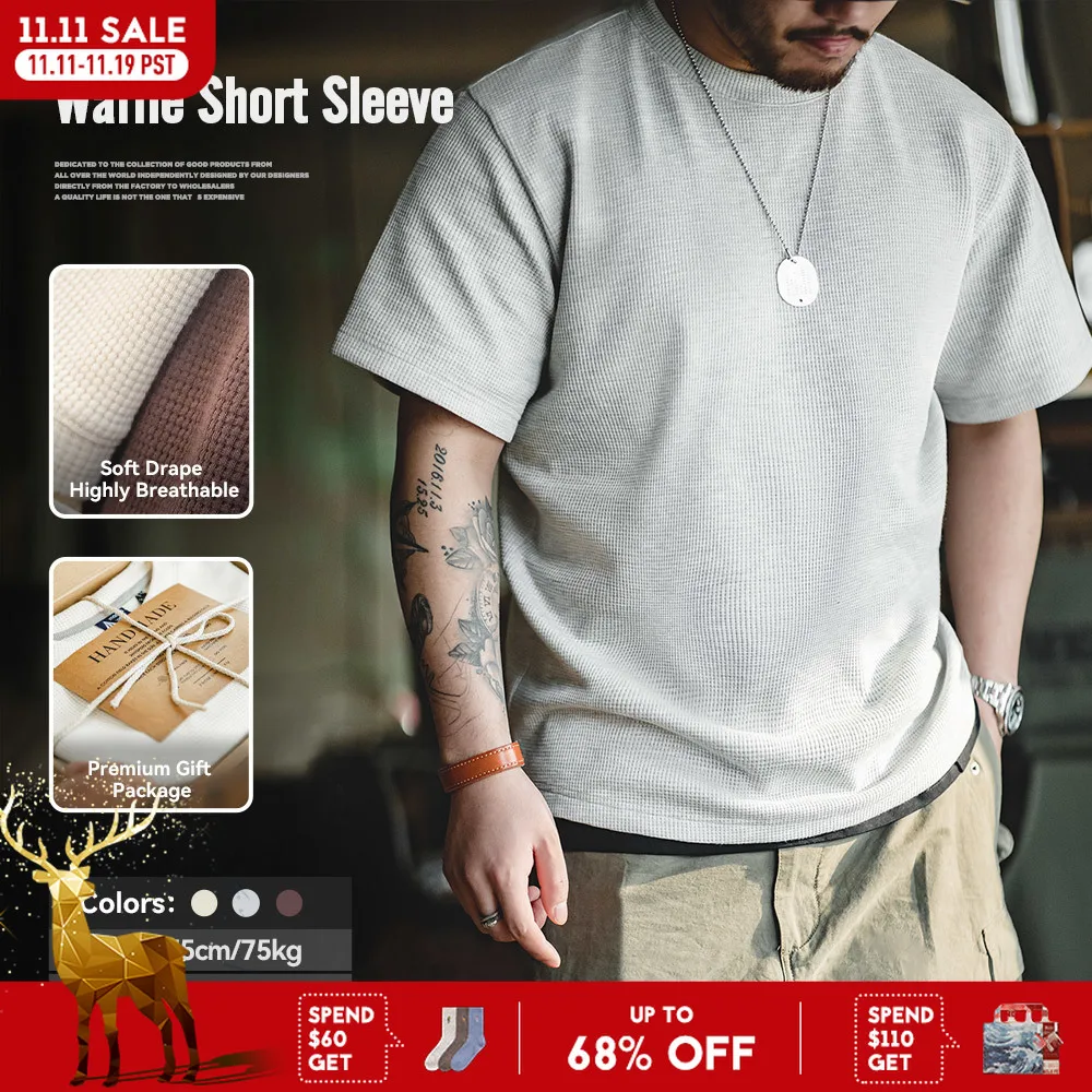 Maden Retro Knit Waffle Short Sleeve T-shirts for Men's Summer Round Neck Loose Fit Casual Tee Basic Solid Color Classic Tops