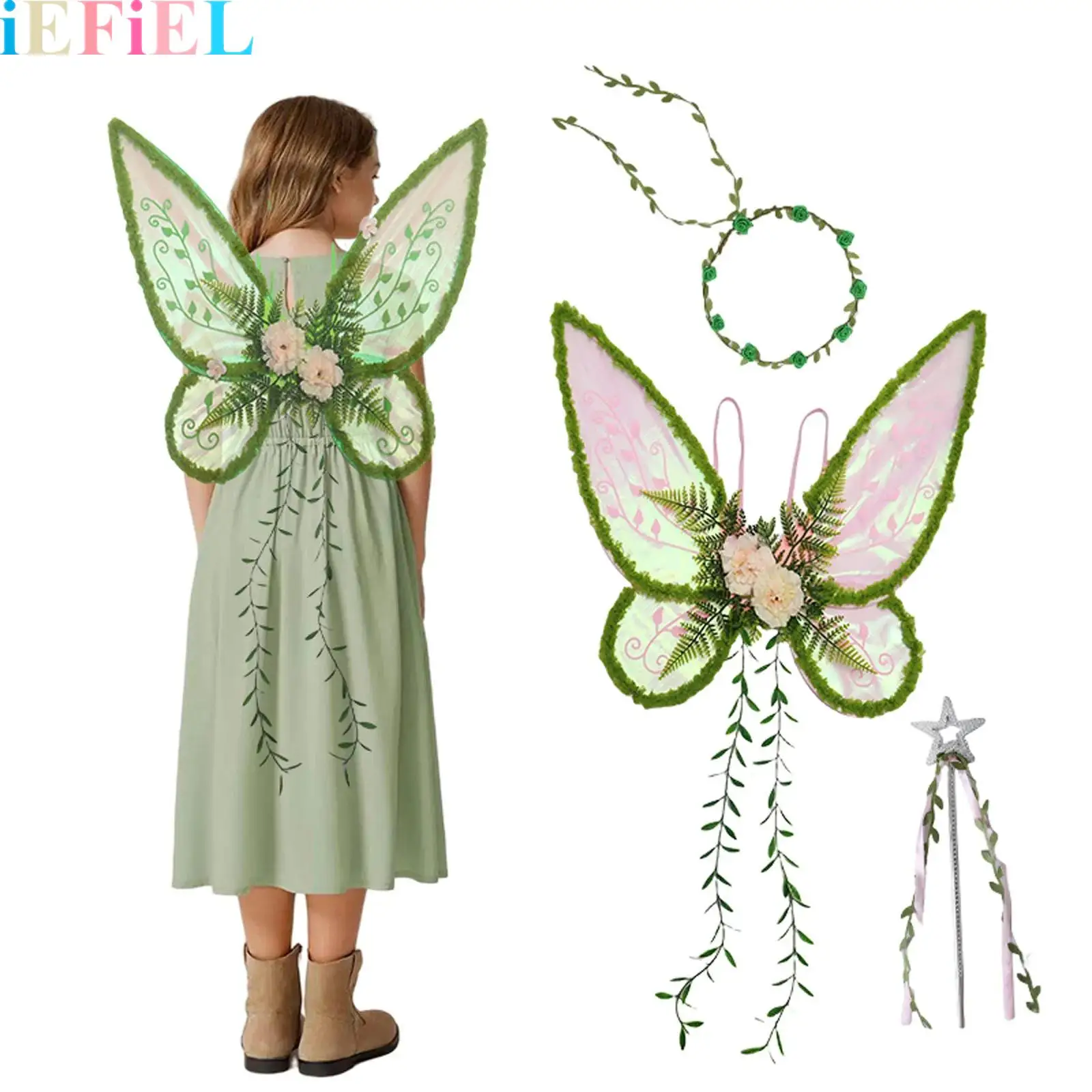 

Kids Girls Butterfly Wings Elastic Shiny Glitter Shaped Fairy Wings with Garland And Fairy Wand for Halloween Cosplay