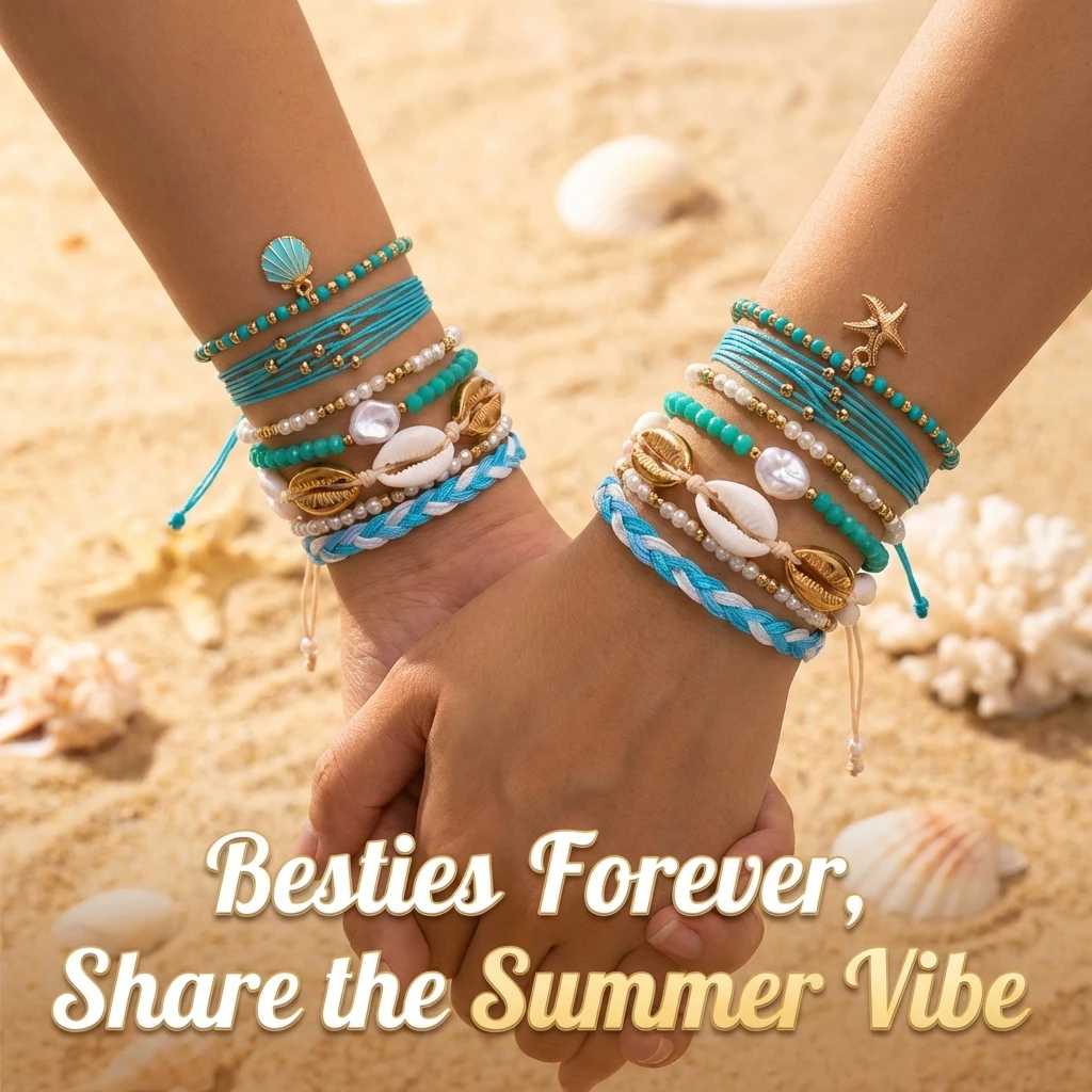 7-teiliges tropisch inspiriertes Armband-Set für Damen, Boho-Strand-Muschel-Ananas-Palmen-Anhänger-Schmuck, Sommer-Festival-Accessoires – Detail 2