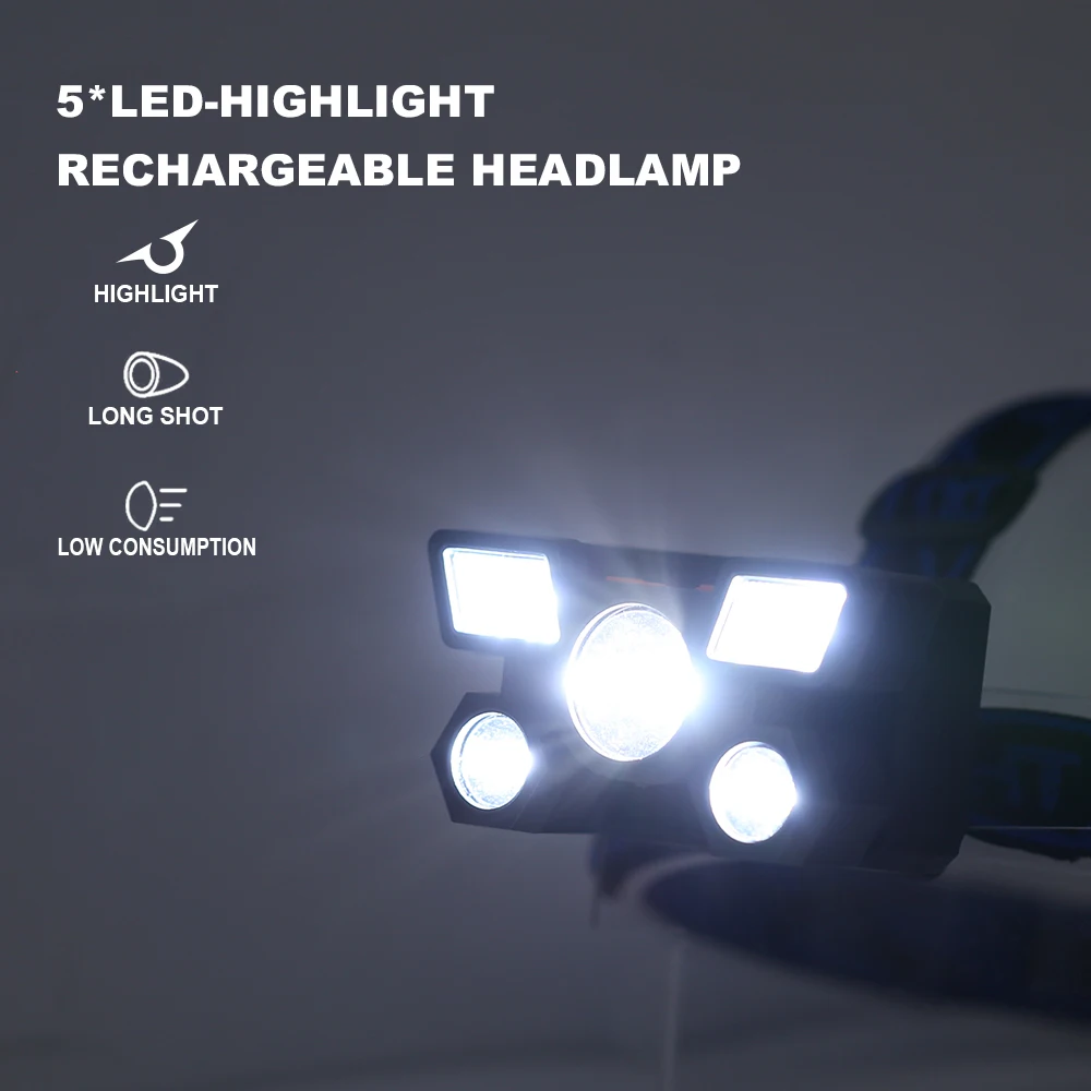 USB Rechargeable Headlamp Portable 5LED Headlight Built In Battery Torch Portable Working Light Fishing Camping Head Light