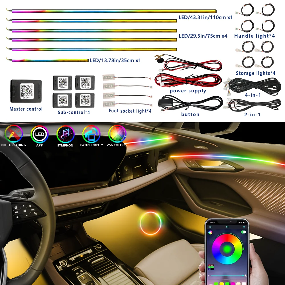 

64 Color RGB Symphony Car Ambient Light Interior Acrylic Guide LED Strip Light Decoration Atmosphere Lamp Multi-Scene Modes