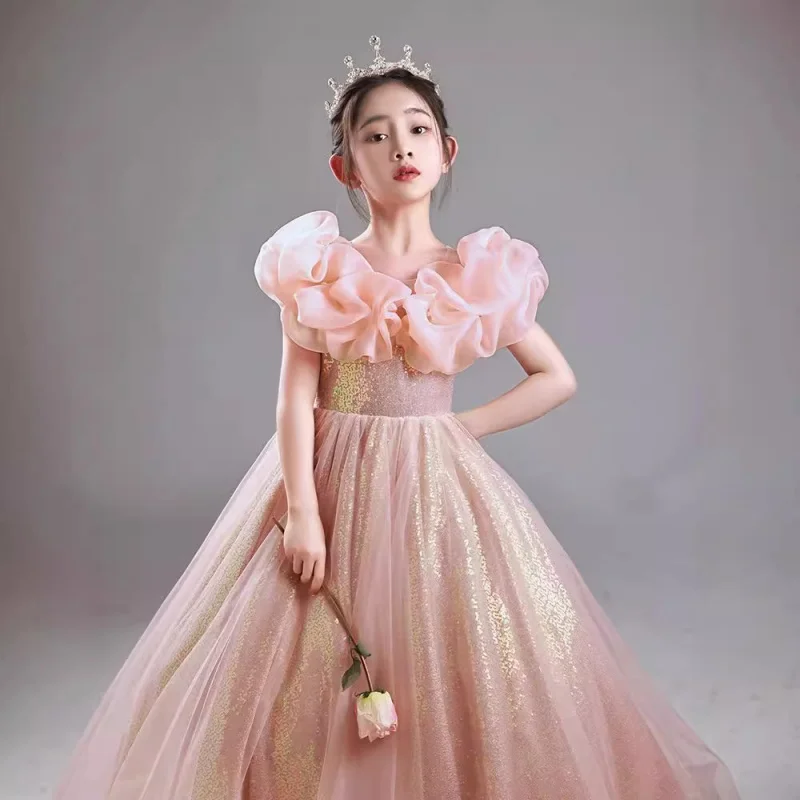 

Показ мод для девочек, розовое светлое роскошное платье принцессы с цветочным узором для девочек на день рождения, стильное детское платье для маленького ведущего фортепиано