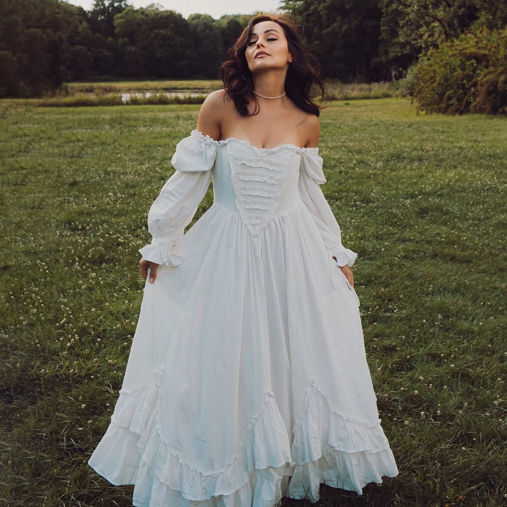 Off Shoulder Long Bishop Sleeves Linen Bridal Gowns Customized Plus Size Ivory Ivory Soft Full Length Ceremony Wedding Dress
