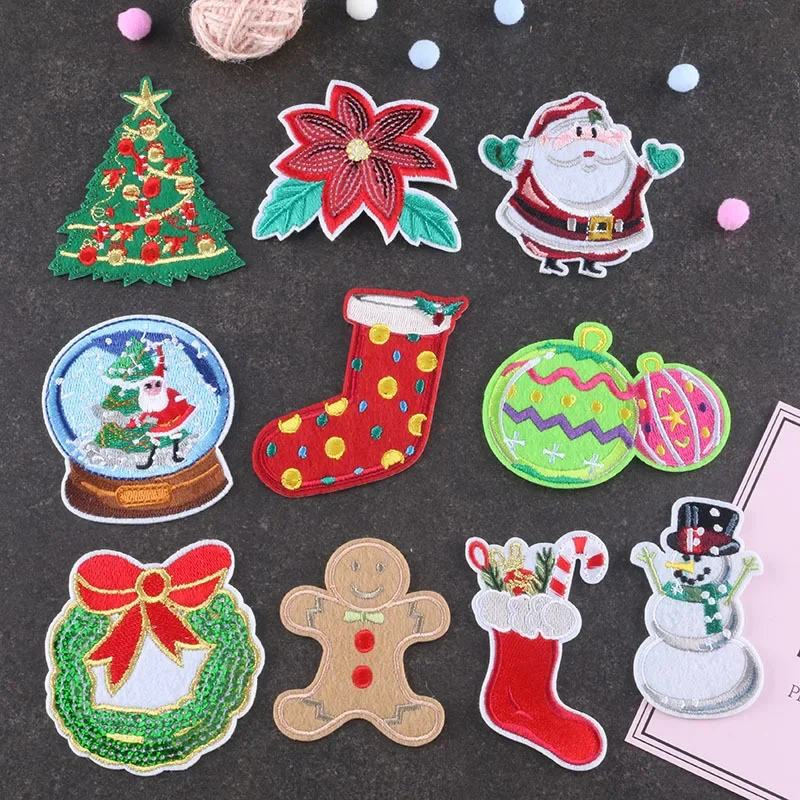 Merry Christmas Deer Bear Snowman PatchesEmbroidery Badge Sock Tree Santa Claus Cloth Sticker Ironing on Candy Bag Applique