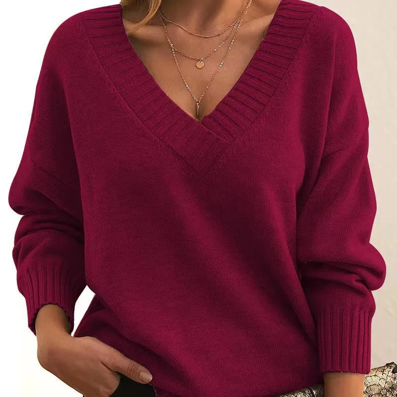 

New Simple Long Sleeve Pullover Knitted Sweater Women Casual Loose Red Sweaters V Neck Autumn Winter Clothes Bottoming Tops