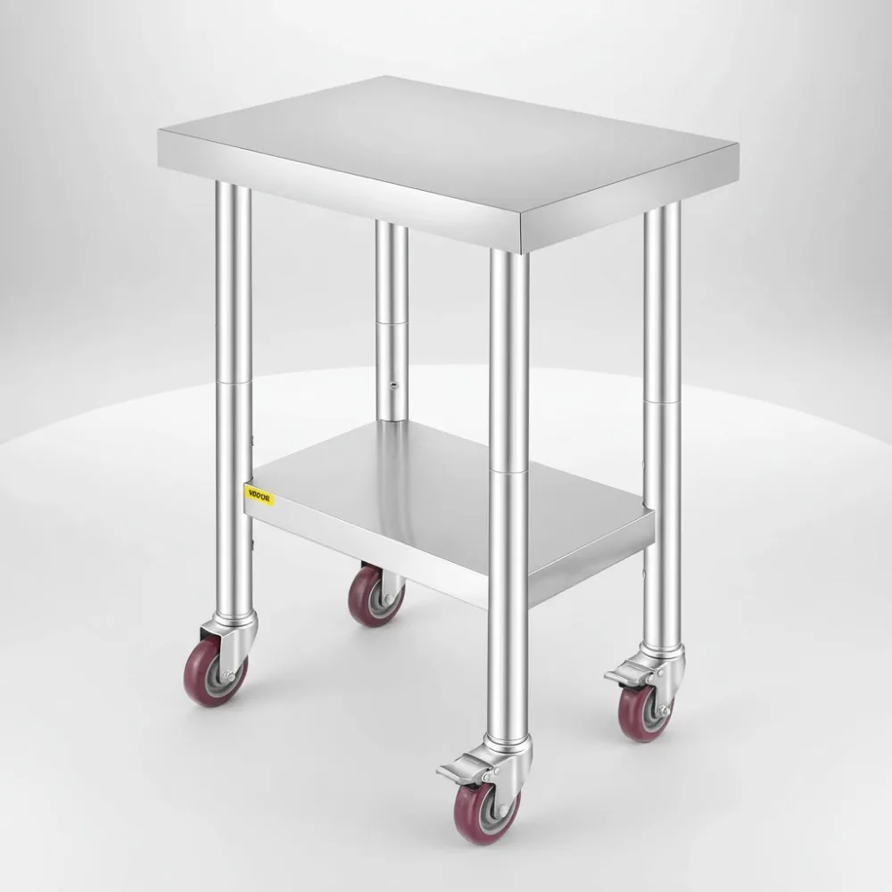 

24x18x34 Inch Stainless Steel Work Table with 3-Stage Adjustable Shelf & 4 Wheels for Commercial Kitchen Prep