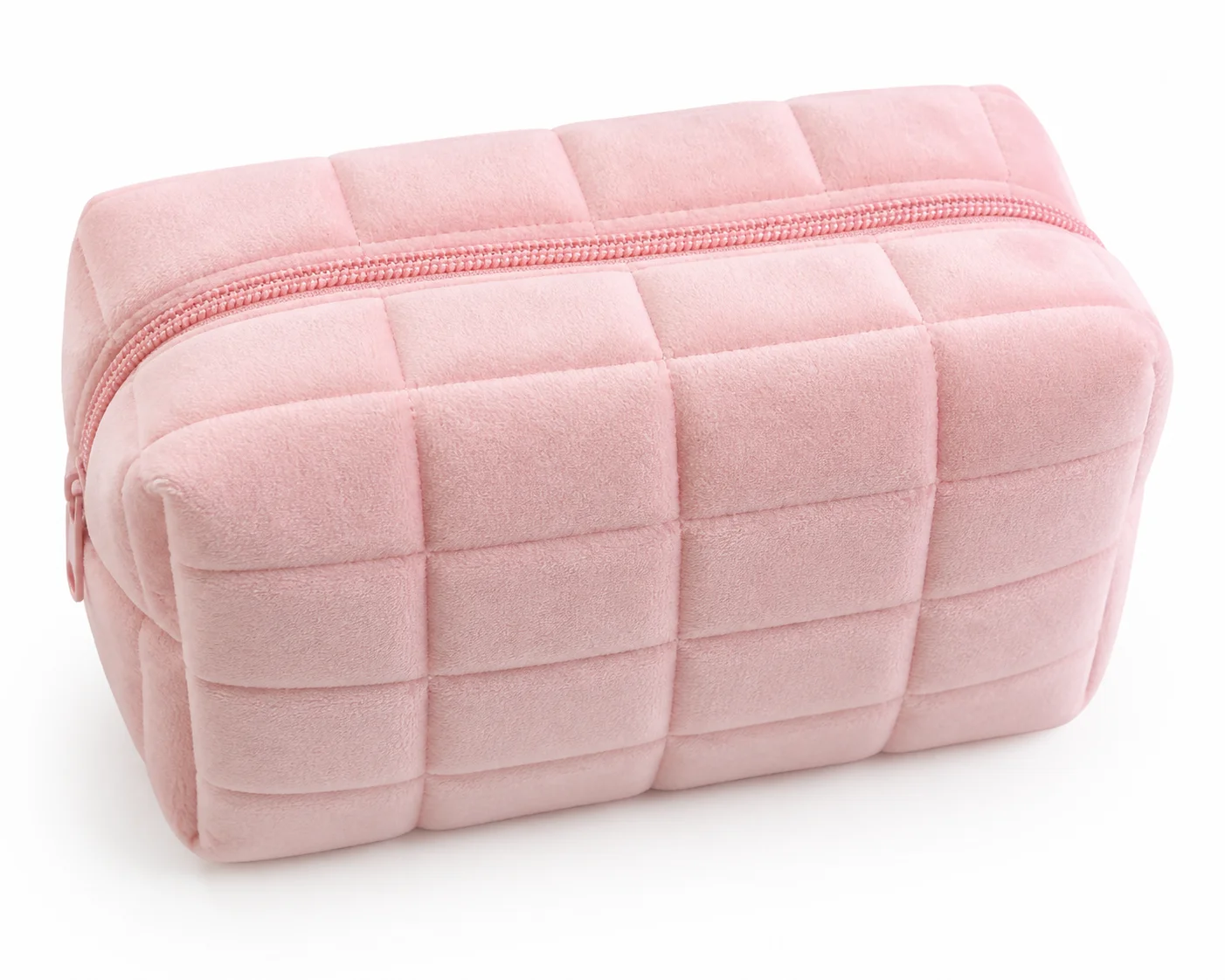 Pink Quilted Makeup Bag, Plush Zipper Cosmetic Pouch with Square Stitch Texture, Soft Fluffy Storage Bag for Cosmetics Travel