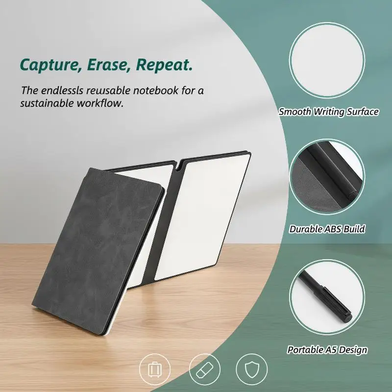 A5 Reusable Whiteboard Notebook Kit with Pen Eraser Cloth Soft Leather Cover for Office Meeting School Study Memo Writing