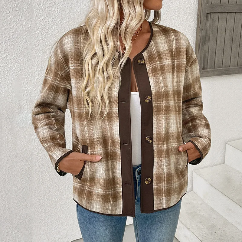 2025 Autumn and Winter Brushed Thickened Women's Plaid Design Jacket Casual Plaid Cardigan Coat Women