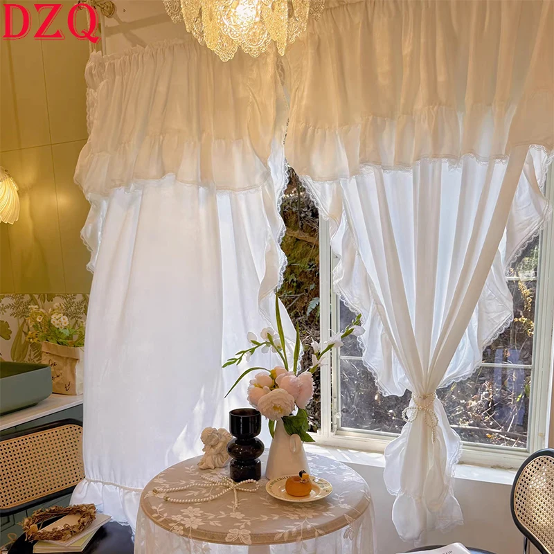Cotton White Sweet Warp Ruffled Curtains for Living Room French Elegant Lace Valance Curtains for Bedroom Wedding Curtains #A650