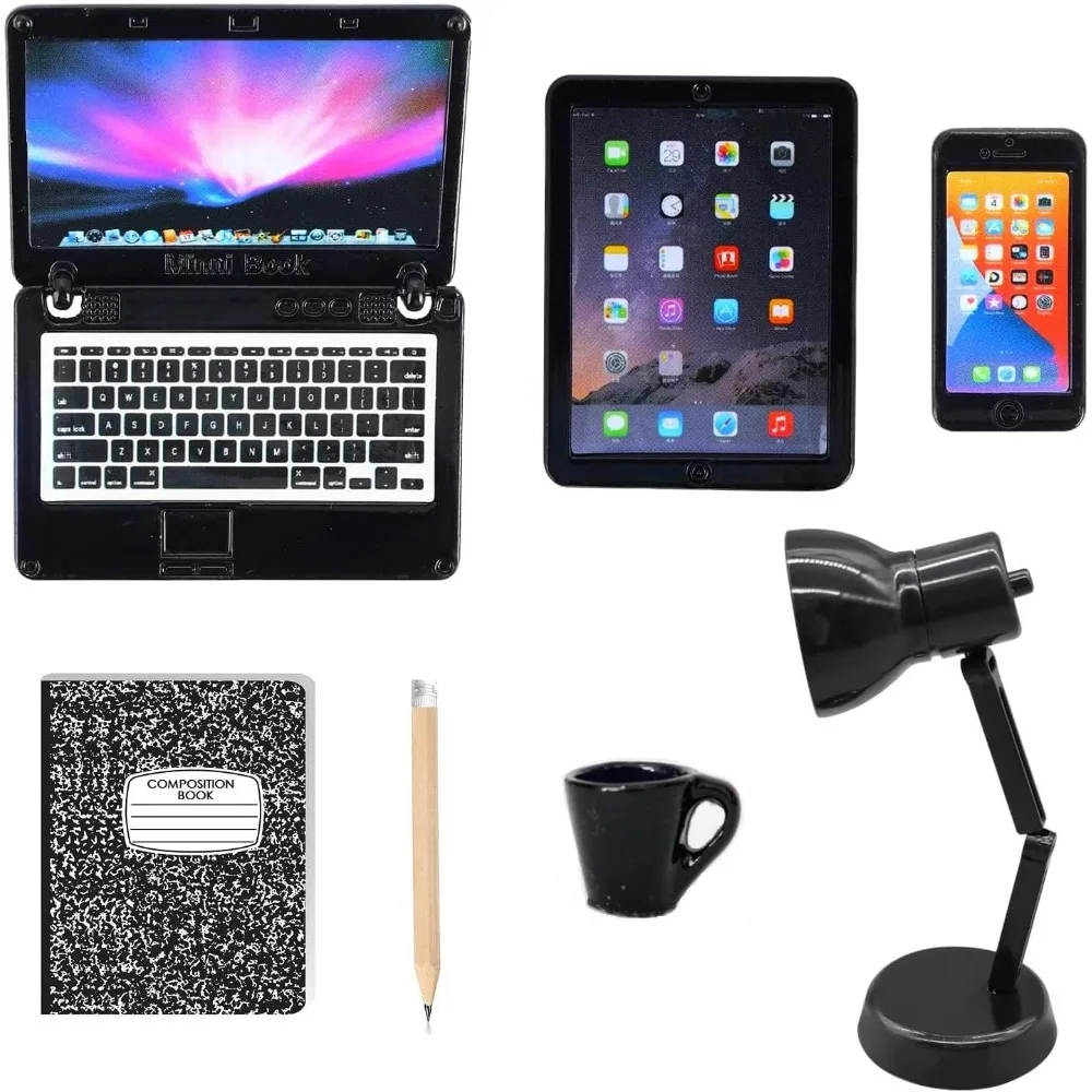 

Набор из 7 миниатюрных аксессуаров для кукольного домика: ноутбук, планшет, телефон, настольная лампа, книга, кофейная кружка, ручка, мелкие предметы, миниатюры для кукольного домика