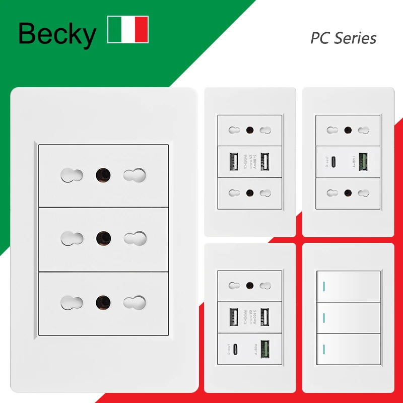 White Italy Pc Universal Socket with Usb Type-c 20W Fast Charging Usb Wall Socket Italy Electric Light Wall Switch 16a118*75