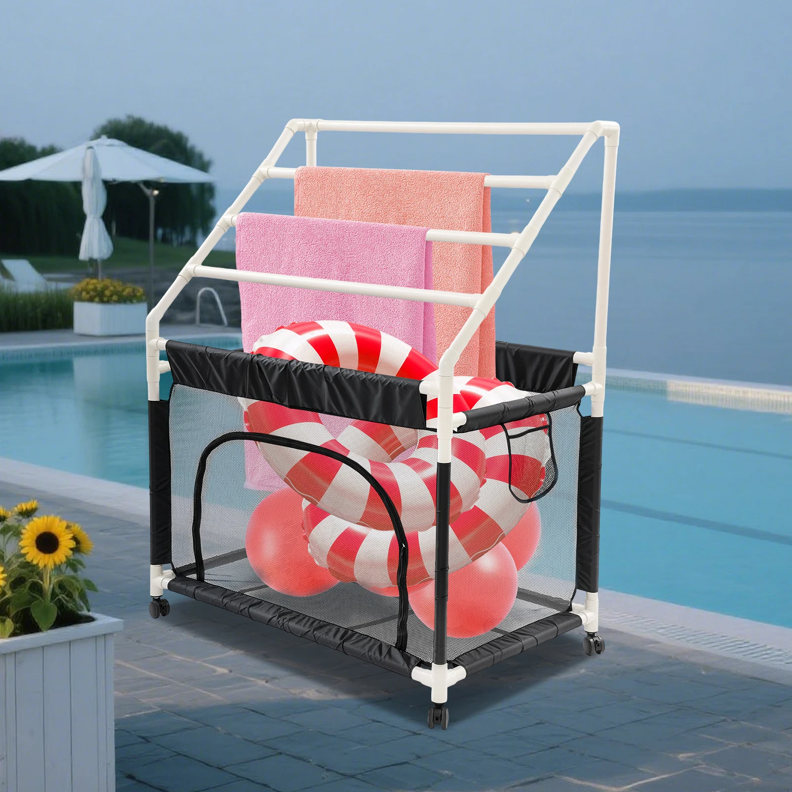 

Rolling Pool Noodle Storage Organizer Bin Heavy Duty Outdoor Towel Rack Mesh Organizer for Swimming Equipments Bathroom Beaches