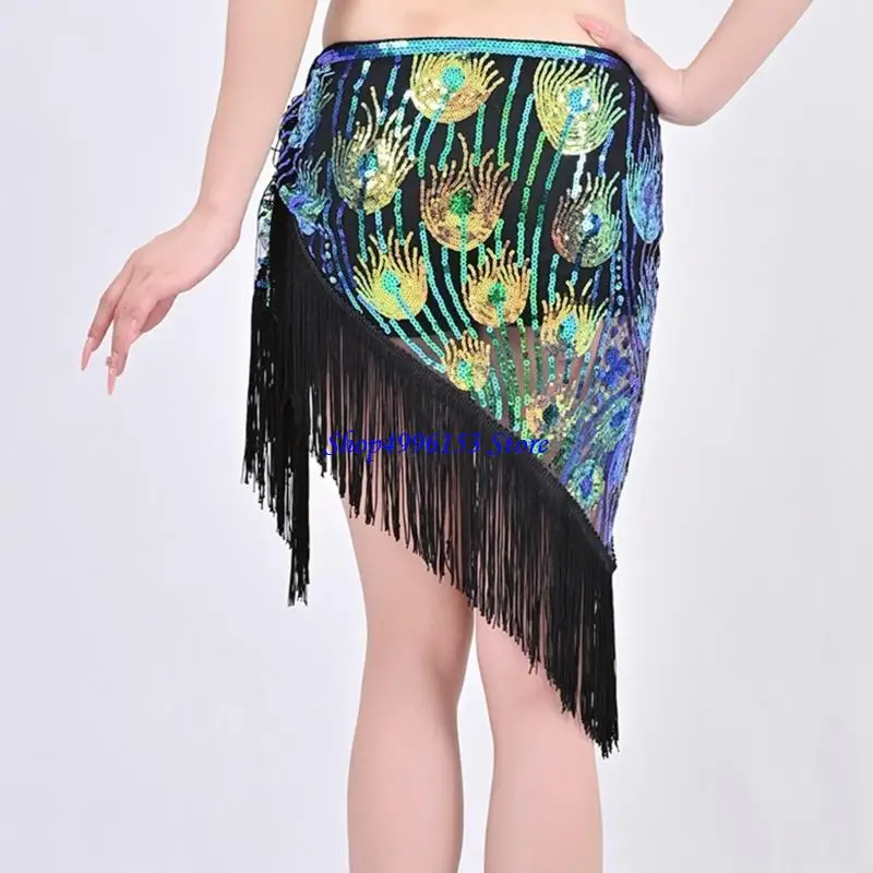 

Q0KE сверкающий шарф на талии с цепочкой для танца живота с динамической бахромой, дышащий сценический костюм из полиэстера