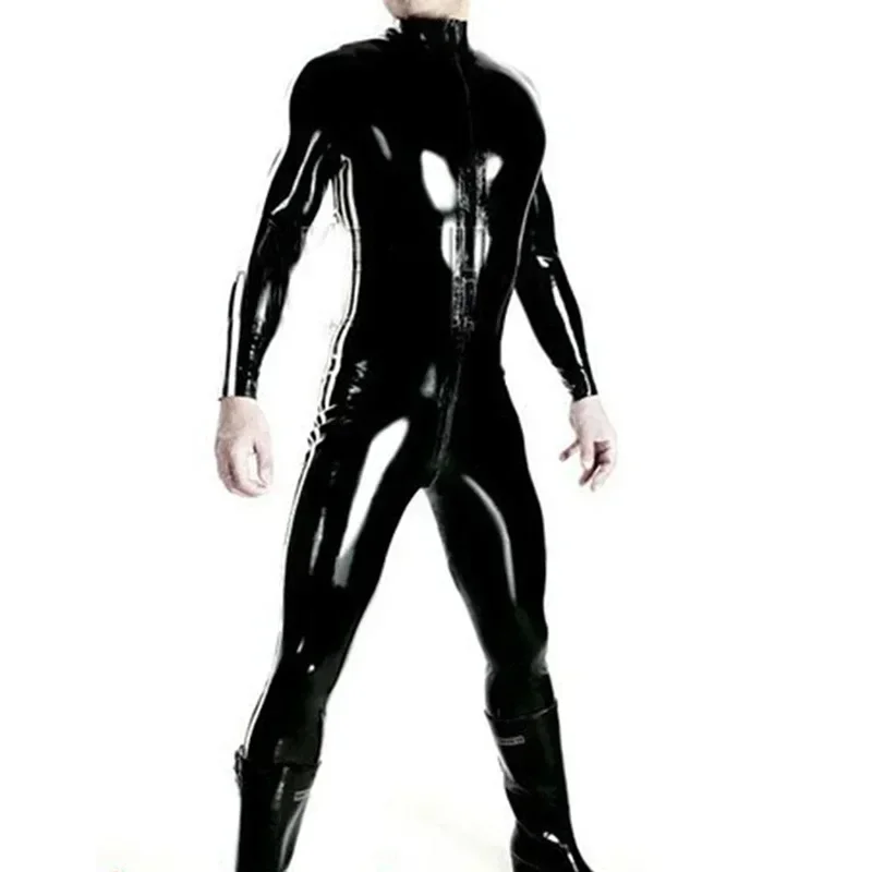 Faux Latex Men Jumpsuits Stretch Patent Leather Jumpsuits Man PVC Exotic Gay Fetish Wet Look Leather Bodysuit Metallic Gold Suit