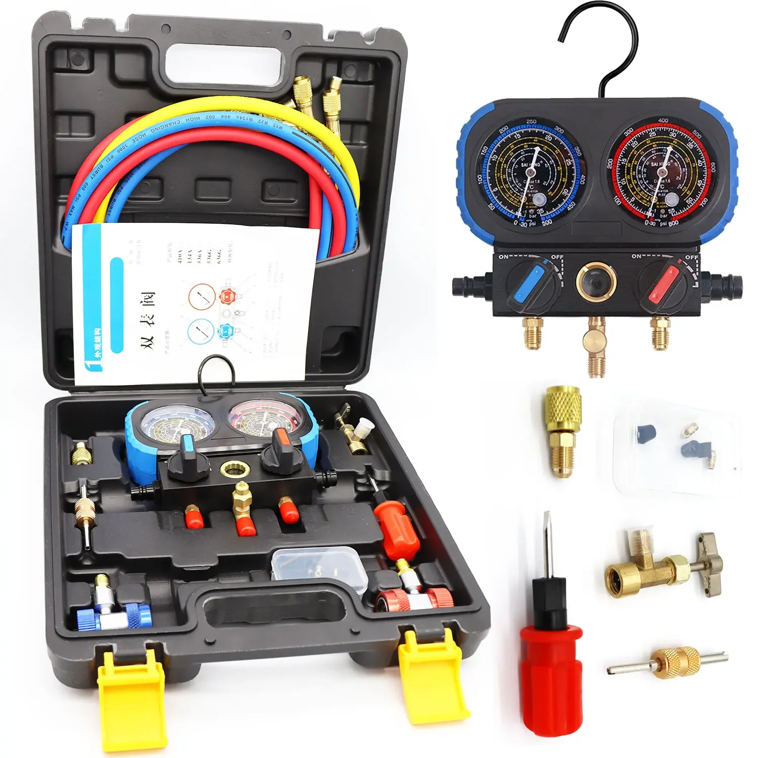 3 Way Manifold Gauge Air Conditioning Diagnostic Freon Charging Set - Fits R134A R404A R410A R22 Refrigerants 2 Couplers Can Tap