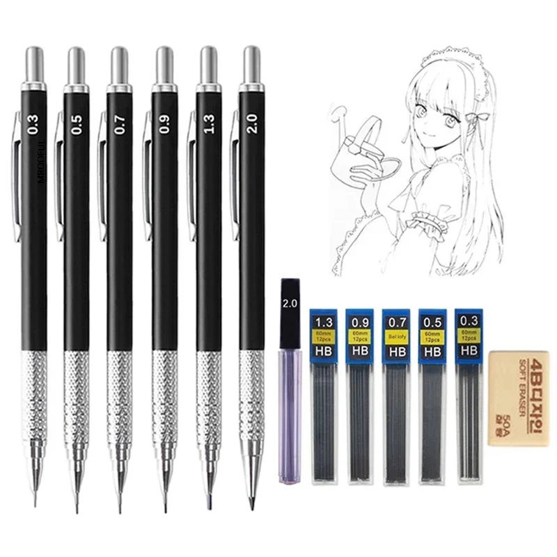 Full Black Metal Mechanical Pencils Set HB Leads 0.3 0.5 0.7 0.9 1.3 2.0mm Retractable Sketch Pencil with Eraser School Supplies