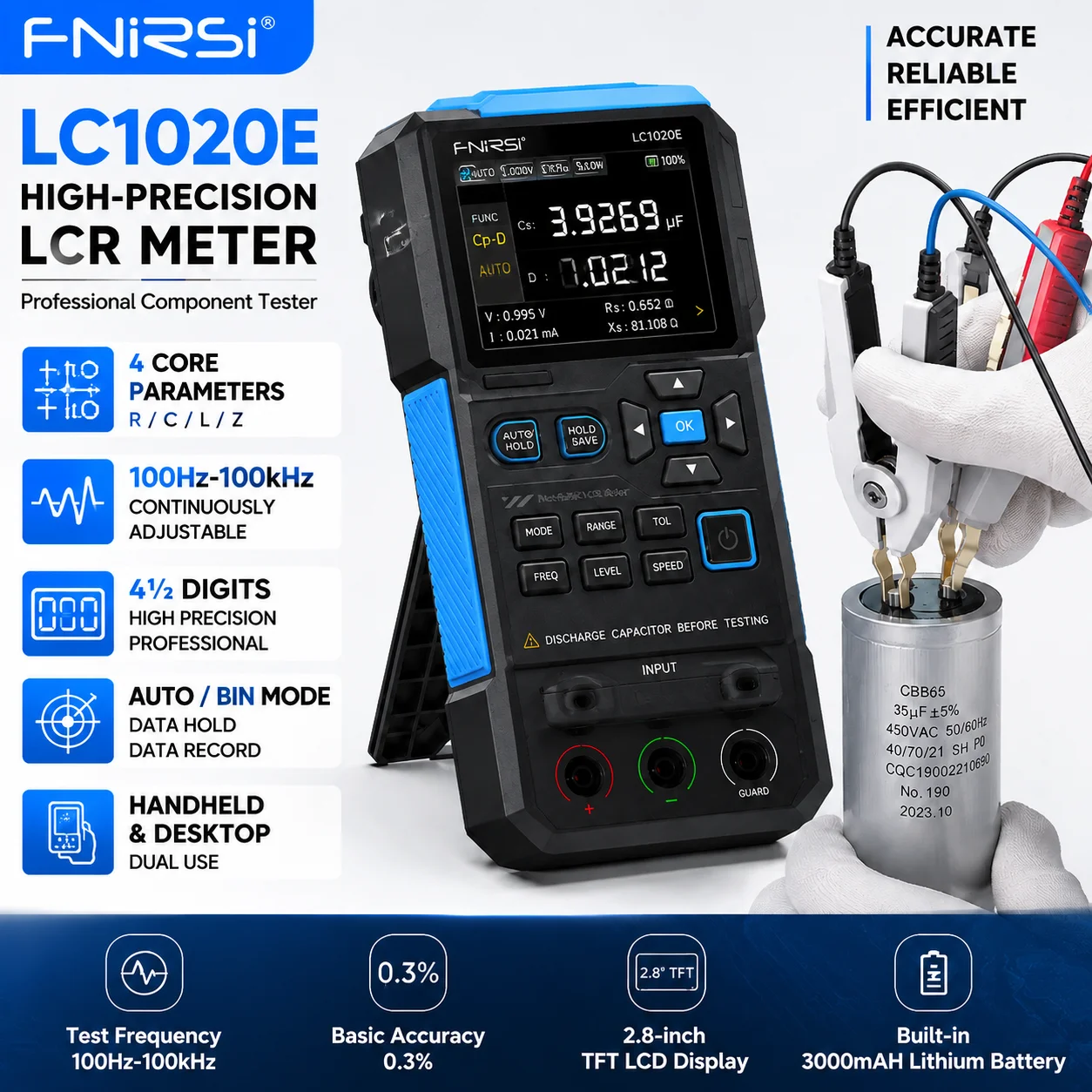 

FNIRSI LC1020E 100kHz Digital Bridge LCR Meter High Precision Auto Range Resistance Capacitance Inductance ESR Component Tester