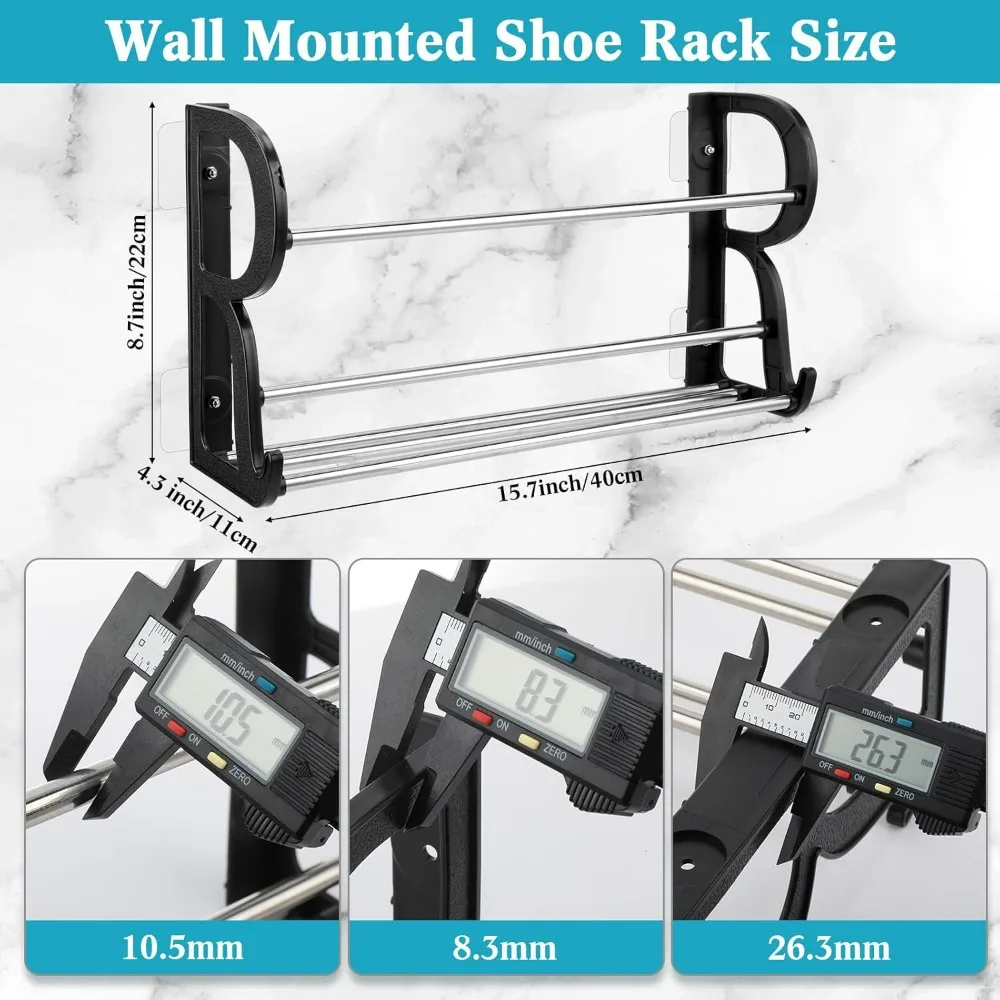 6 Pcs Wall-Mounted Shoe Rack with Sticky Mounts, 15.7 x 8.7 x 4.3'', for Shoe Storage and Organizing on Closet Doors.