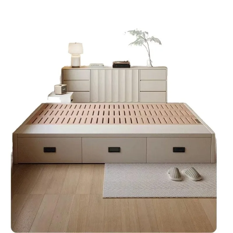 Simple beech row skeleton bed, master bedroom tatami floor-to-ceiling storage bed with big three drawers
