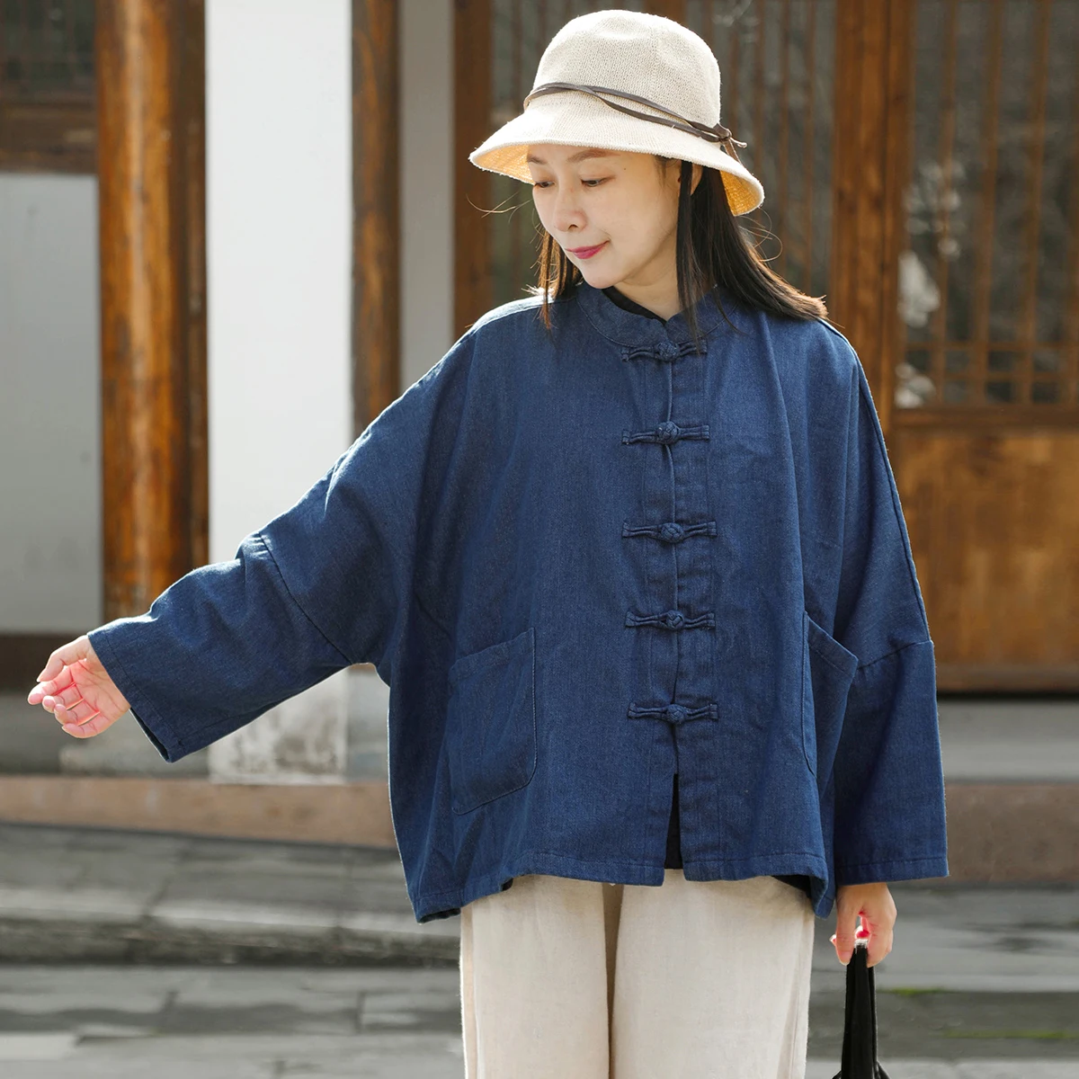 LZJN Winter Retro Worn Out and Fleece Lined Coat New Style Chinese Style Double Breasted Tai Chi Suit  Warm Blue Upper Garment