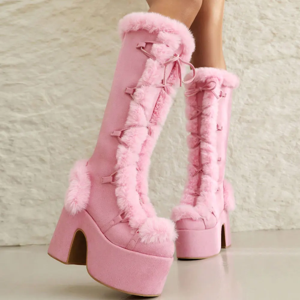Big Size 46 Winter y2k Pink Knee High Boots Women White Chunky Platform Boots Gothic Black Faux Fur Block High Heels Boots Shoe