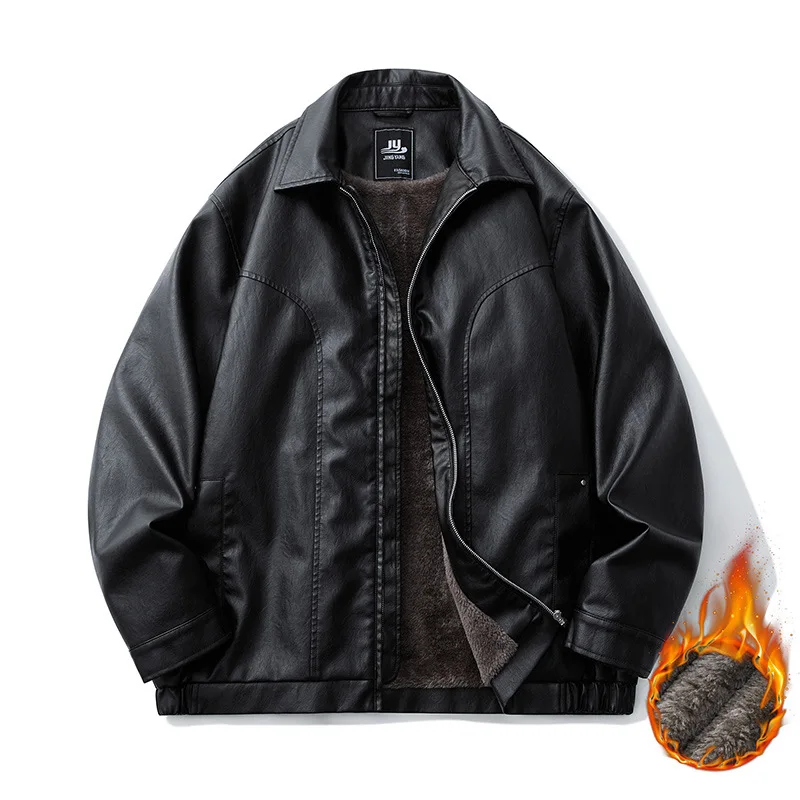 

plus Size Men's Fce Lined PU Leather Jaet Thiened Collar Trendy Fat Brother Cross Border Jaet Outerwear Casual Sle