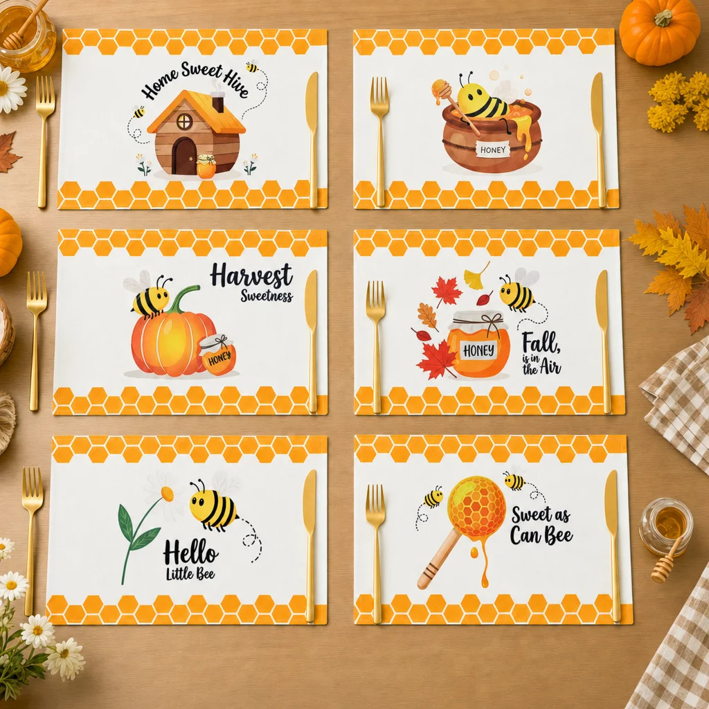 1/2/4/6pcs bee series placemats, which are fresh in autumn and spring, are suitable for dining table, outdoor and desktop decora
