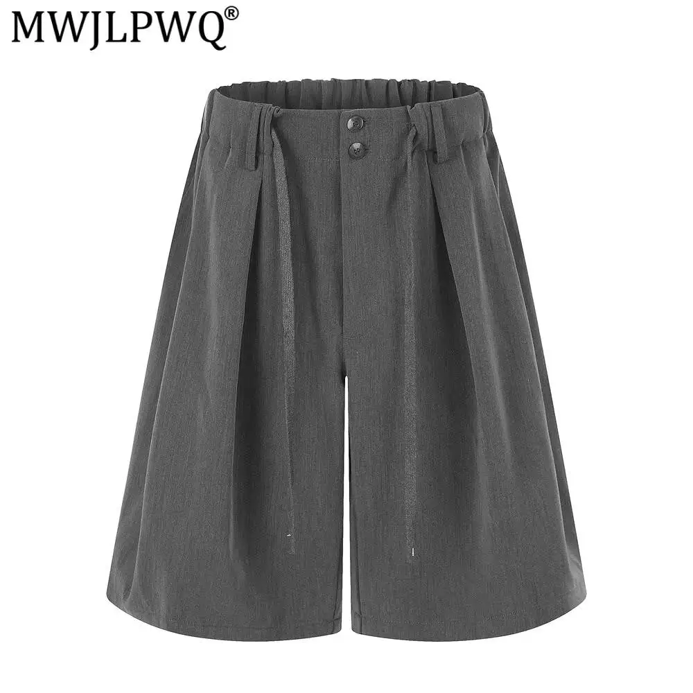 MWJLPWQ Loose Wide-Leg Suit Pants Men's Summer Vibe Trendy American Style Pleated Solid Color Drawstring Mid-Length Shorts 20046
